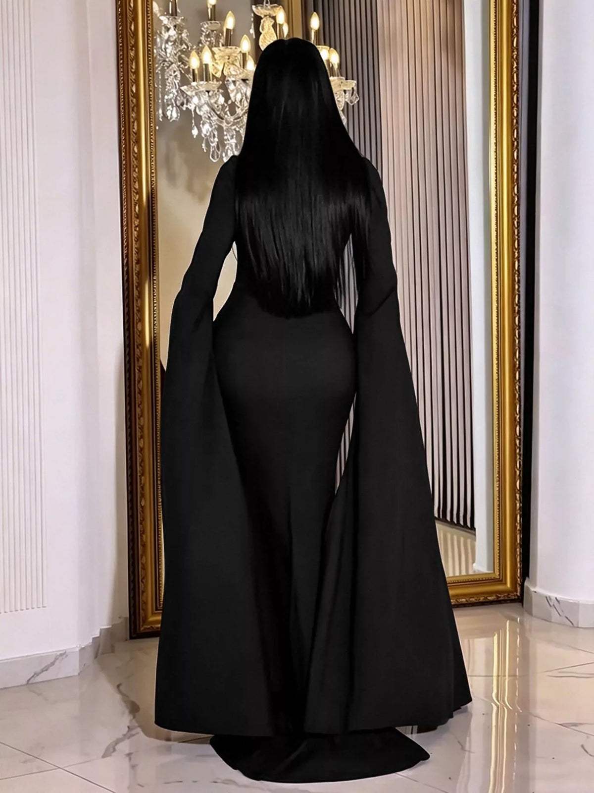 Women's Rhinestone Cape Maxi Dress – Black
