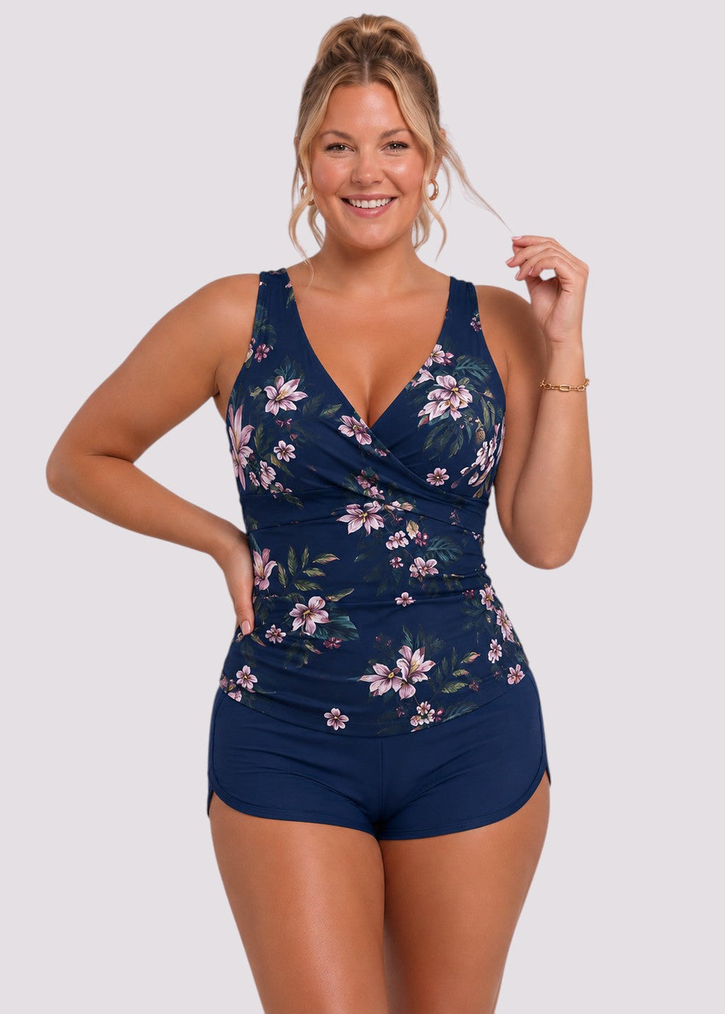 Ruched Twist-Front Tankini & Shorts Set – Navy
