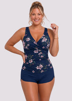 Ruched Twist-Front Tankini & Shorts Set – Navy