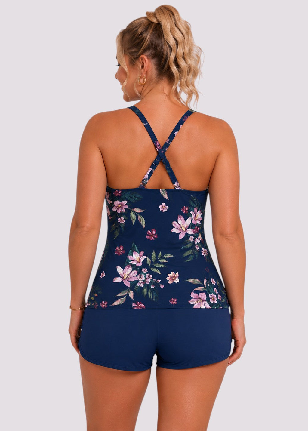 Ruched Twist-Front Tankini & Shorts Set – Navy