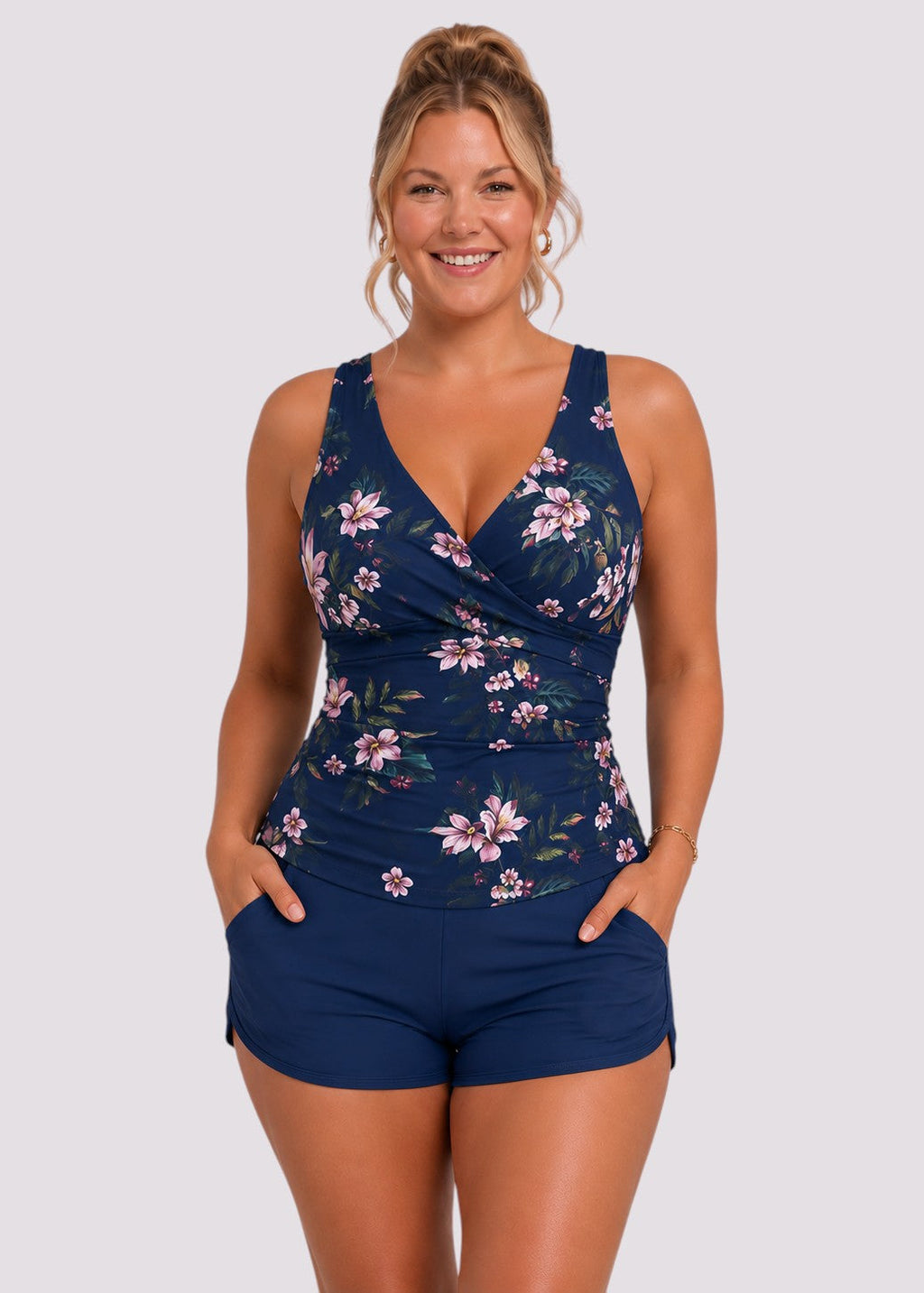 Ruched Twist-Front Tankini & Shorts Set – Navy