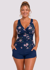 Ruched Twist-Front Tankini & Shorts Set – Navy