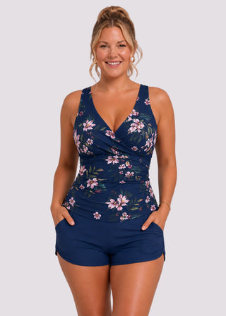 Ruched Twist-Front Tankini & Shorts Set – Navy