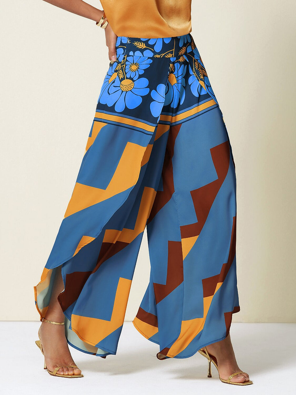 Hawaii Palm Satin Wrap Wide-Leg Pants in Dark Green by Aurelia Sun