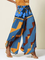 Hawaii Palm Satin Wrap Wide-Leg Pants in Dark Green by Aurelia Sun