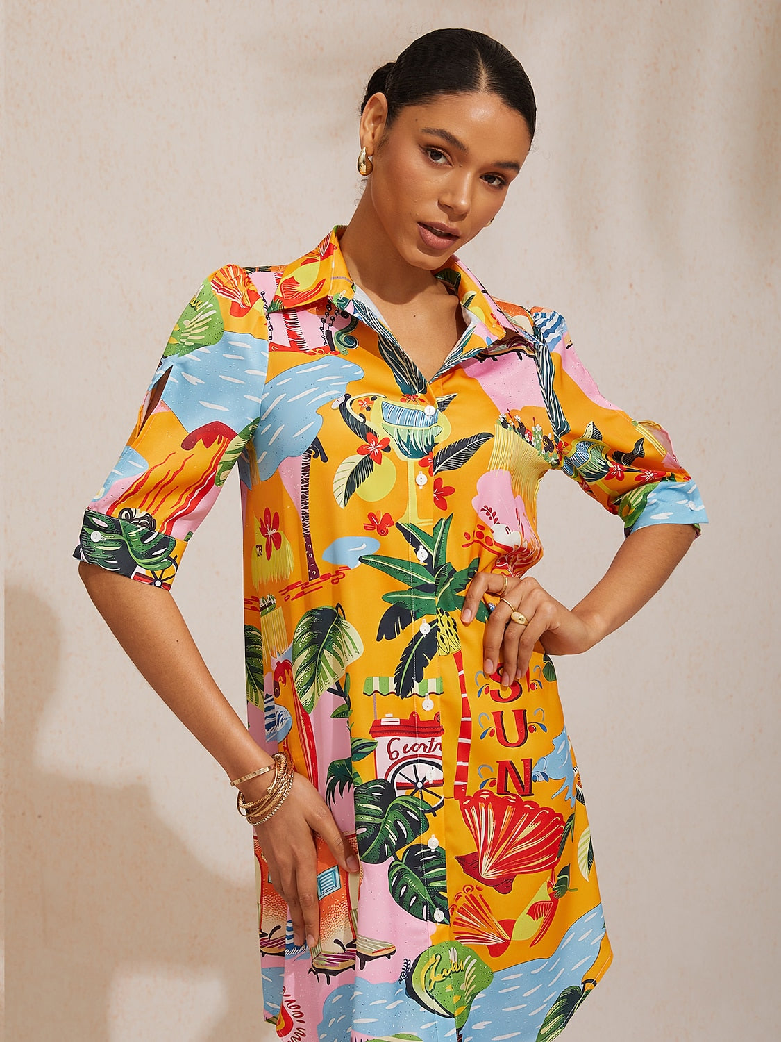 Santorini Scenic Satin Midi Shirt Dress in Jet Black by Aurelia Sun