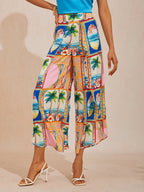 Hawaii Palm Satin Wrap Wide-Leg Pants in Burgundy by Aurelia Sun