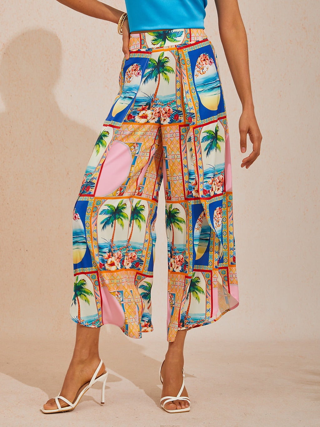 Hawaii Palm Satin Wrap Wide-Leg Pants in Burgundy by Aurelia Sun