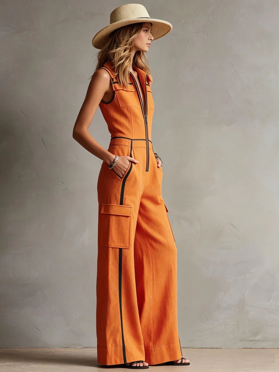 Colour Block Cargo Wide Leg Jumpsuit - Aurelia Sun