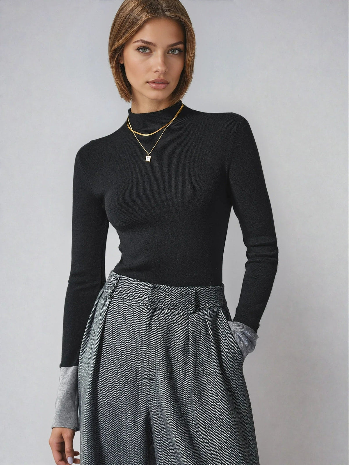 Contrast-Cuff Mock-Neck Sweater