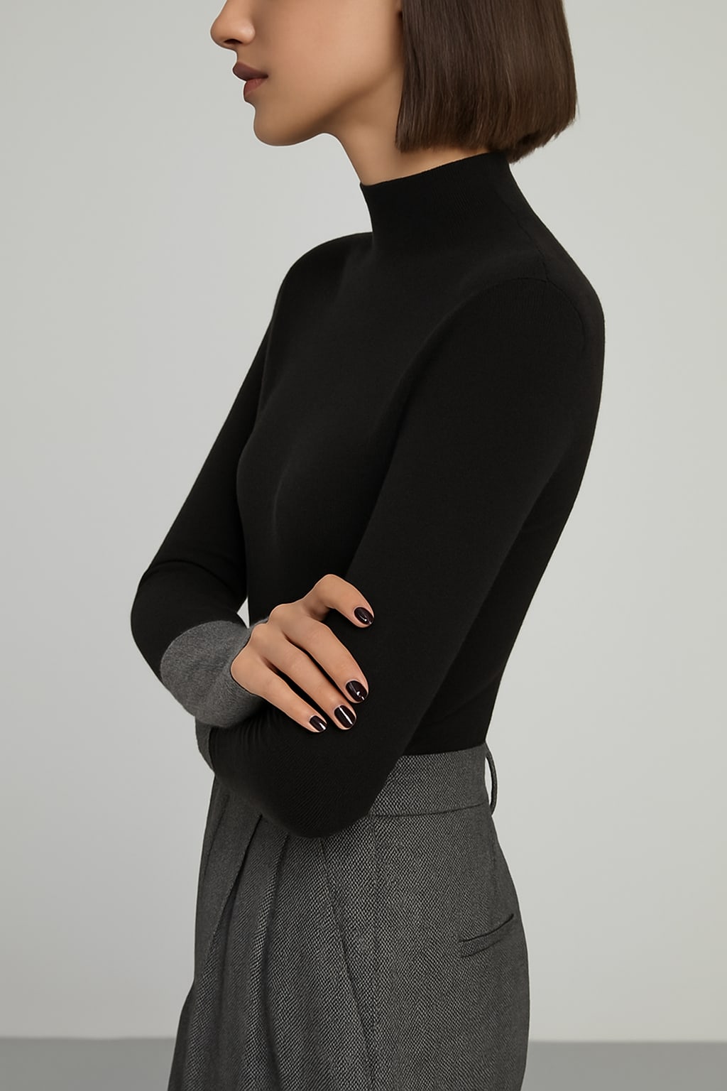 Contrast-Cuff Mock-Neck Sweater
