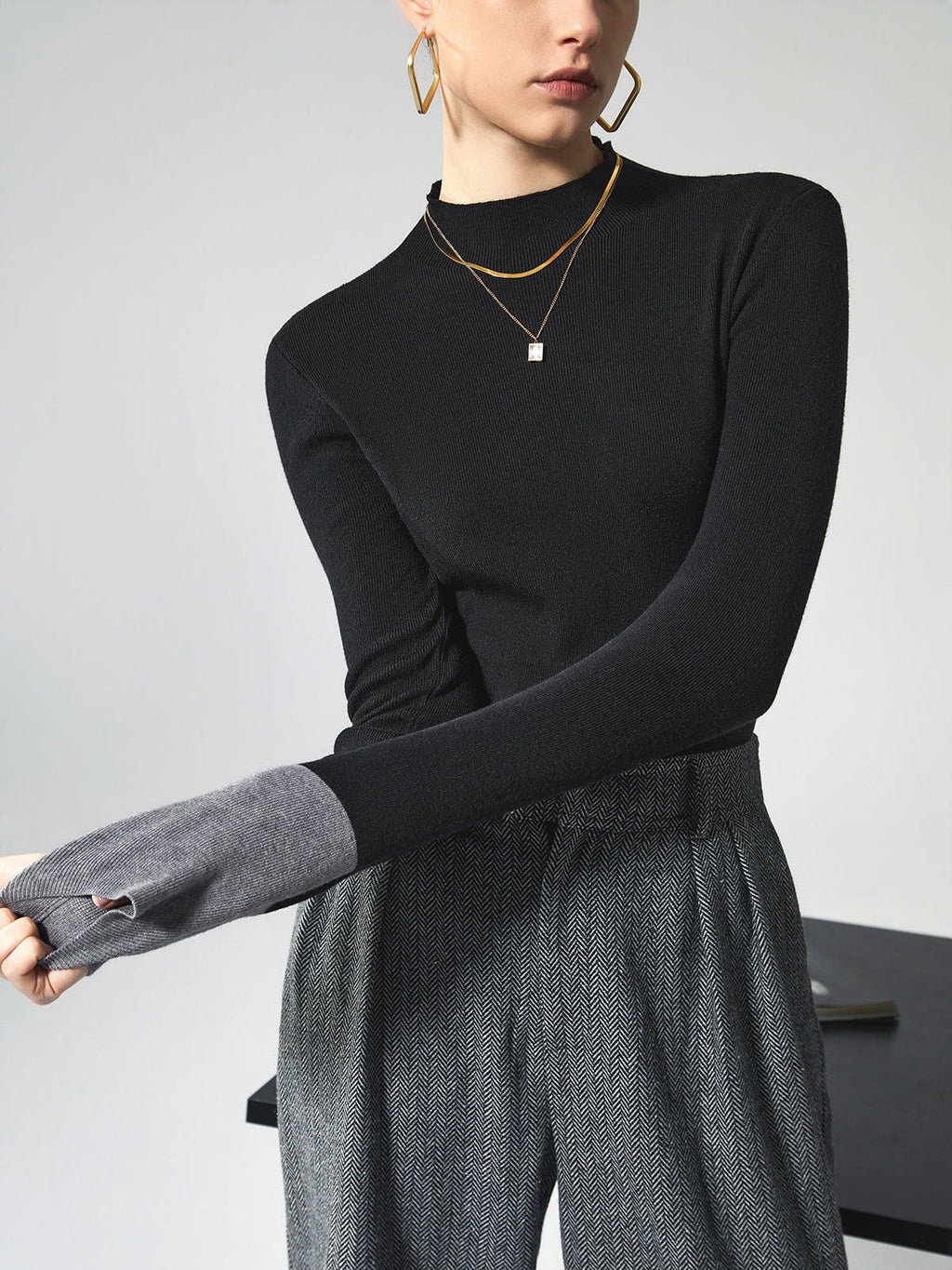 Contrast-Cuff Mock-Neck Sweater