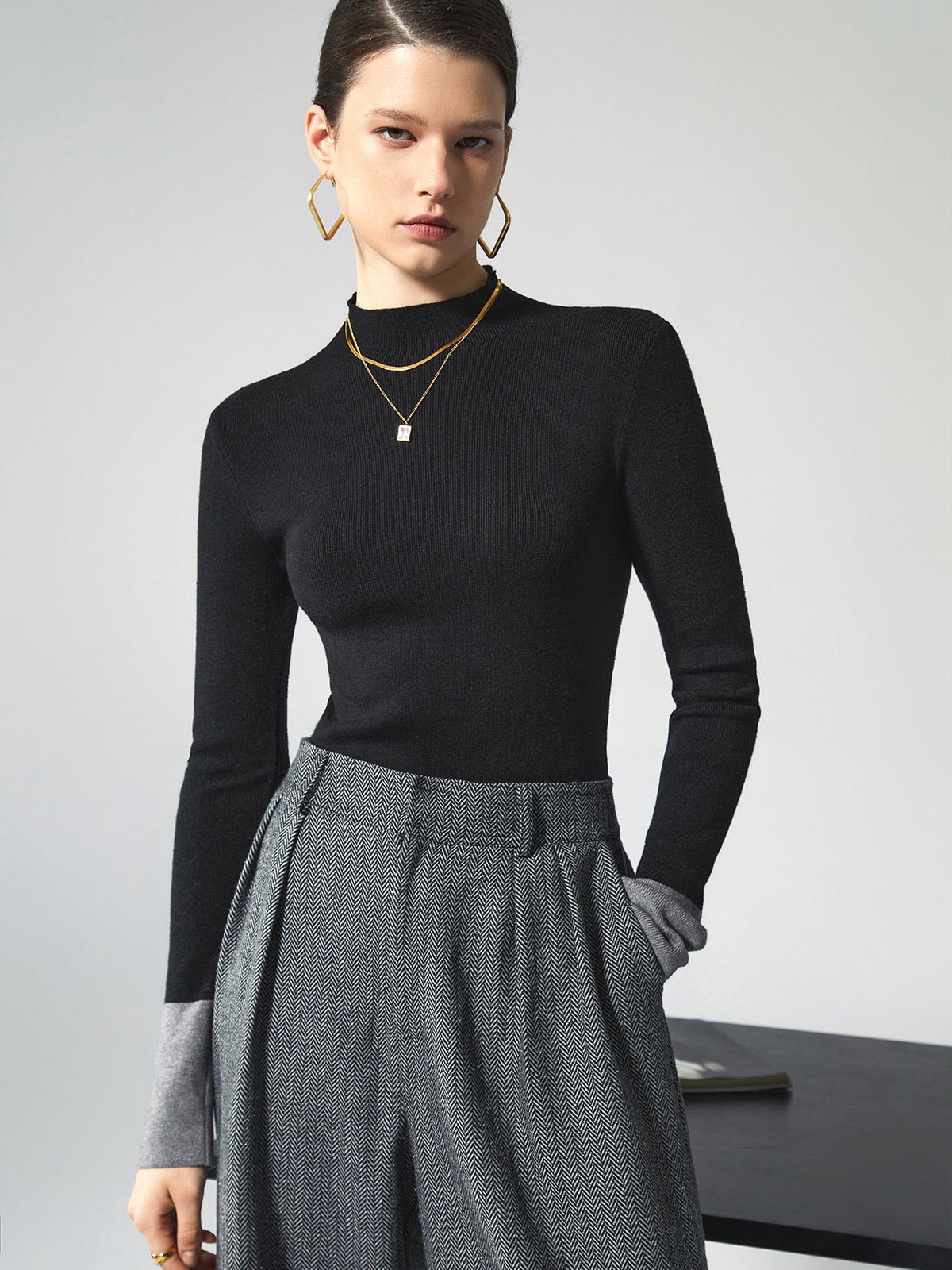 Contrast-Cuff Mock-Neck Sweater