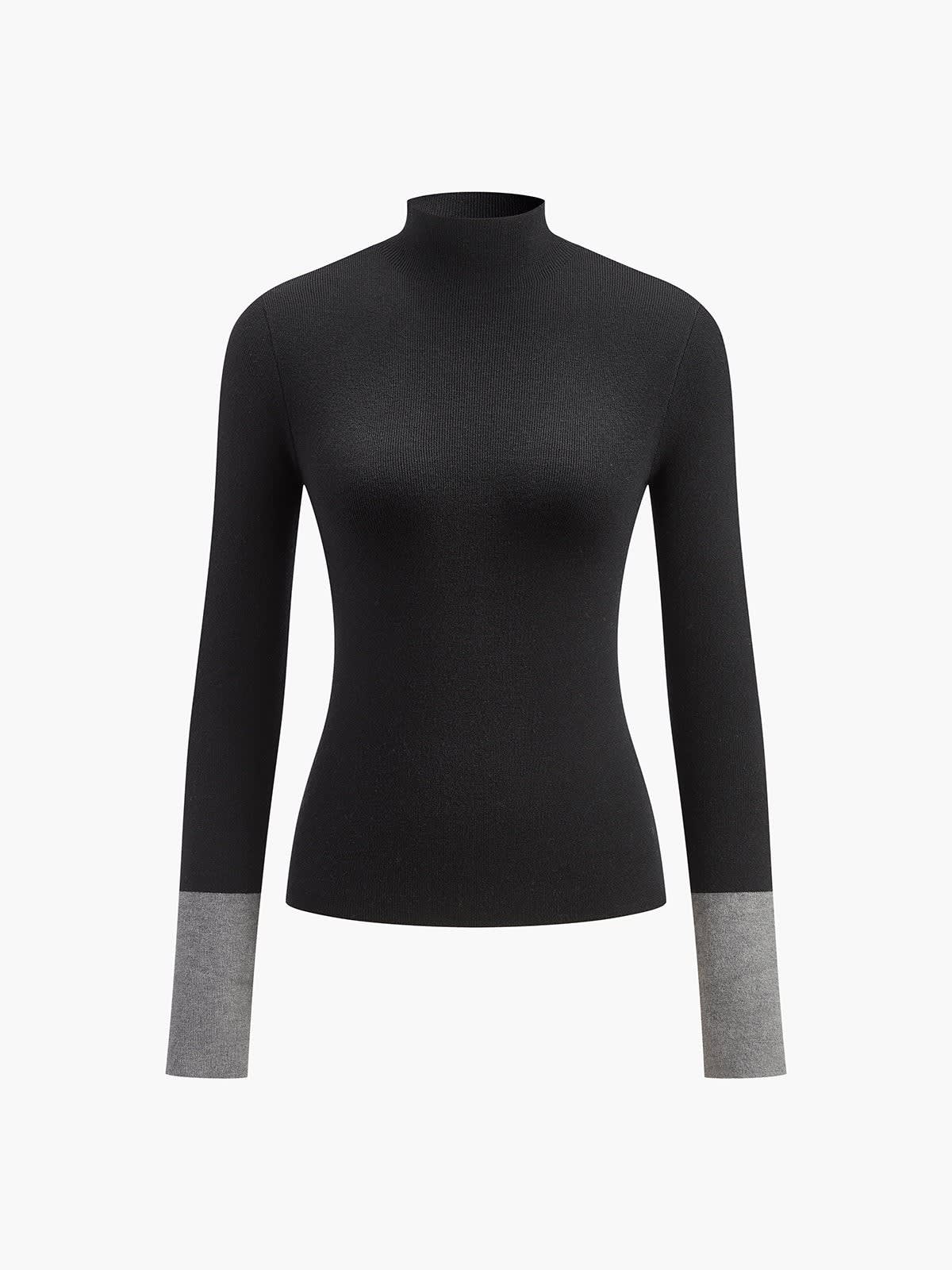 Contrast-Cuff Mock-Neck Sweater