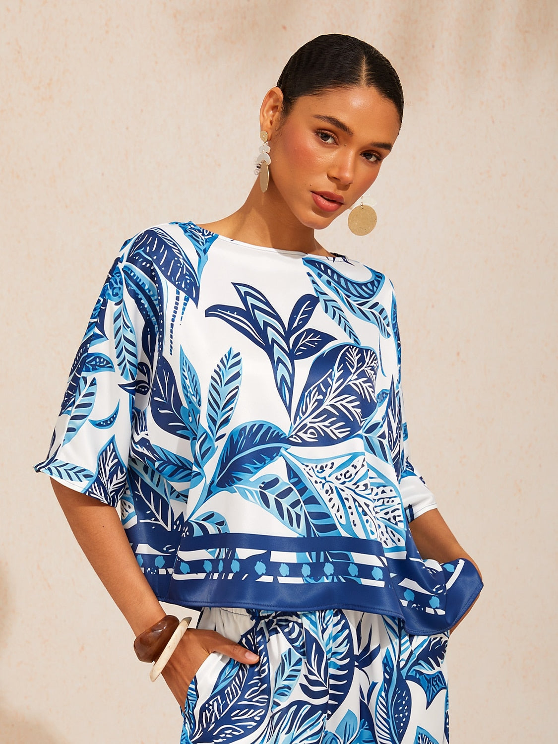 Bell Flower Satin Batwing Top in Oriental Blue by Aurelia Sun