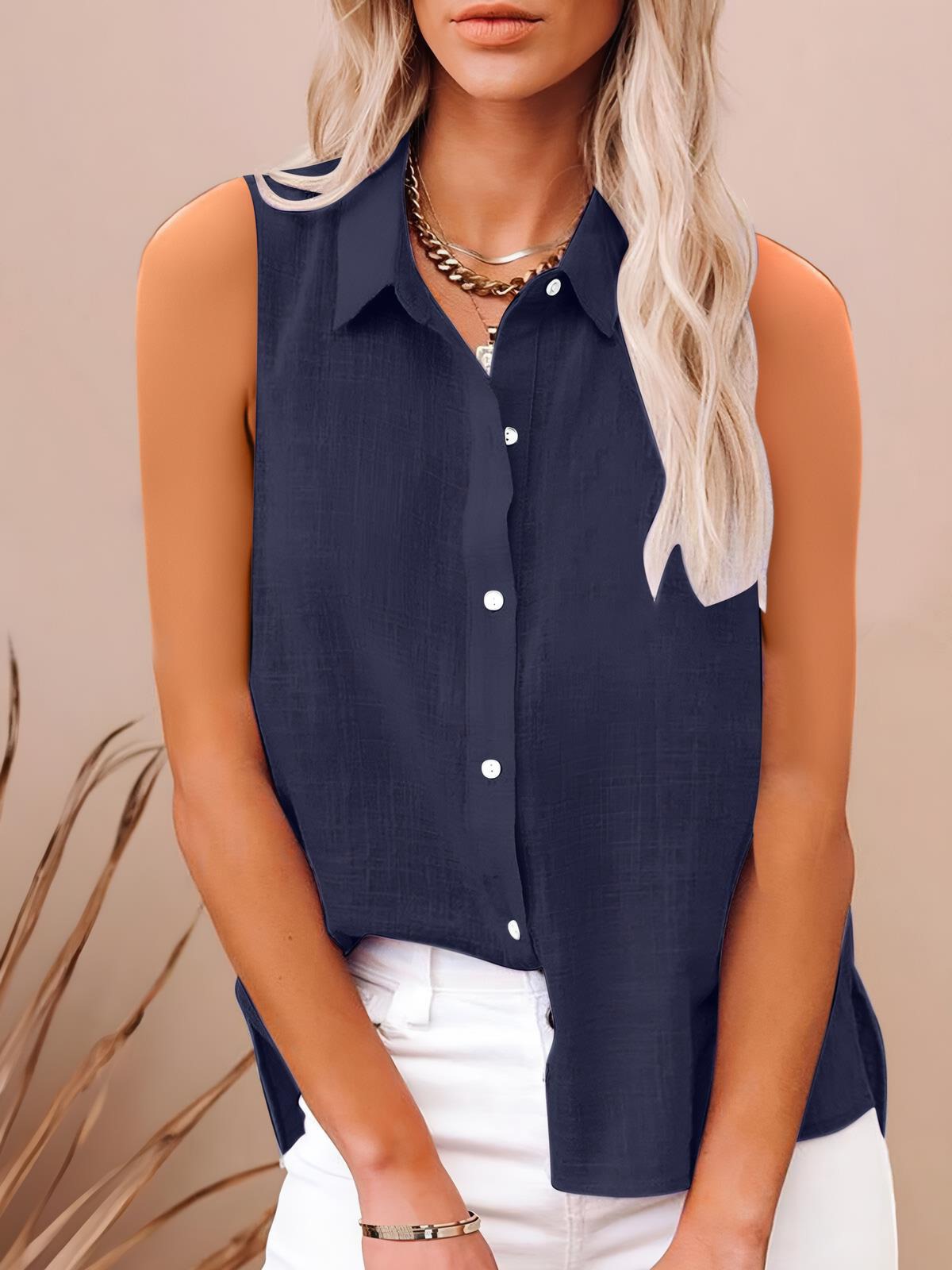 Women's Cotton Linen Sleeveless Blouse – Navy