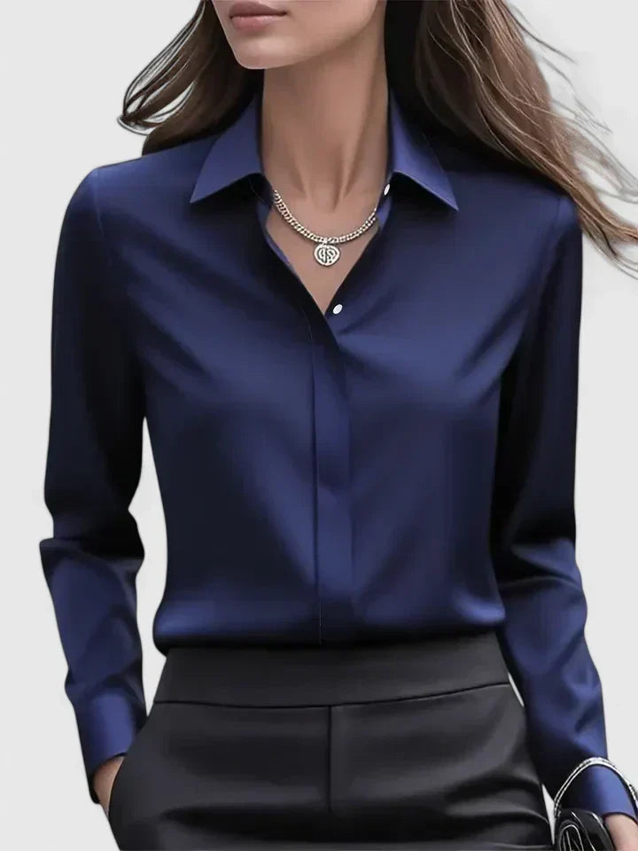 Tania Satin Button-Front Blouse in Navy by Aurelia Sun