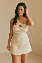 One-Shoulder Cotton Mini Dress — Beige