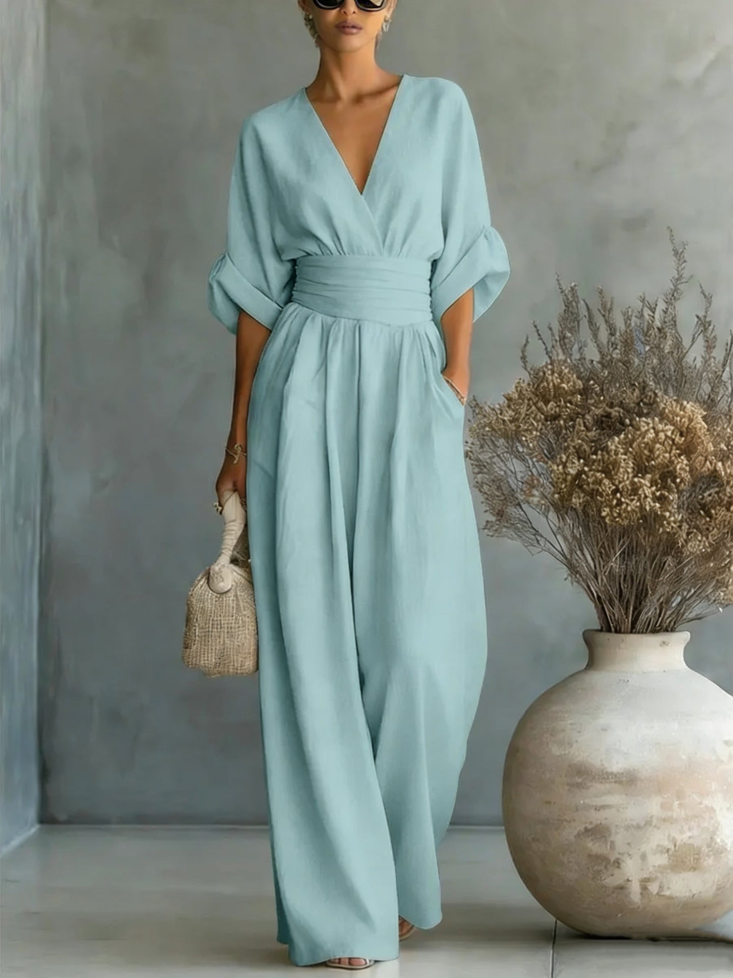 Women's V-Neck Wide-Leg Jumpsuit – Yellow