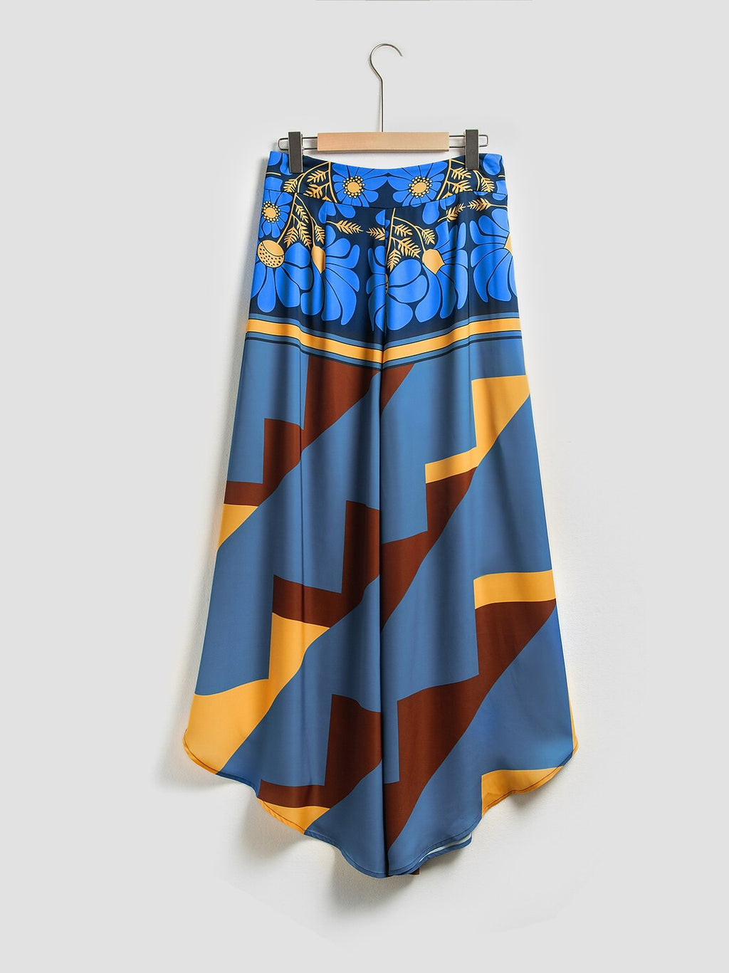 Hawaii Palm Satin Wrap Wide-Leg Pants in Blue by Aurelia Sun
