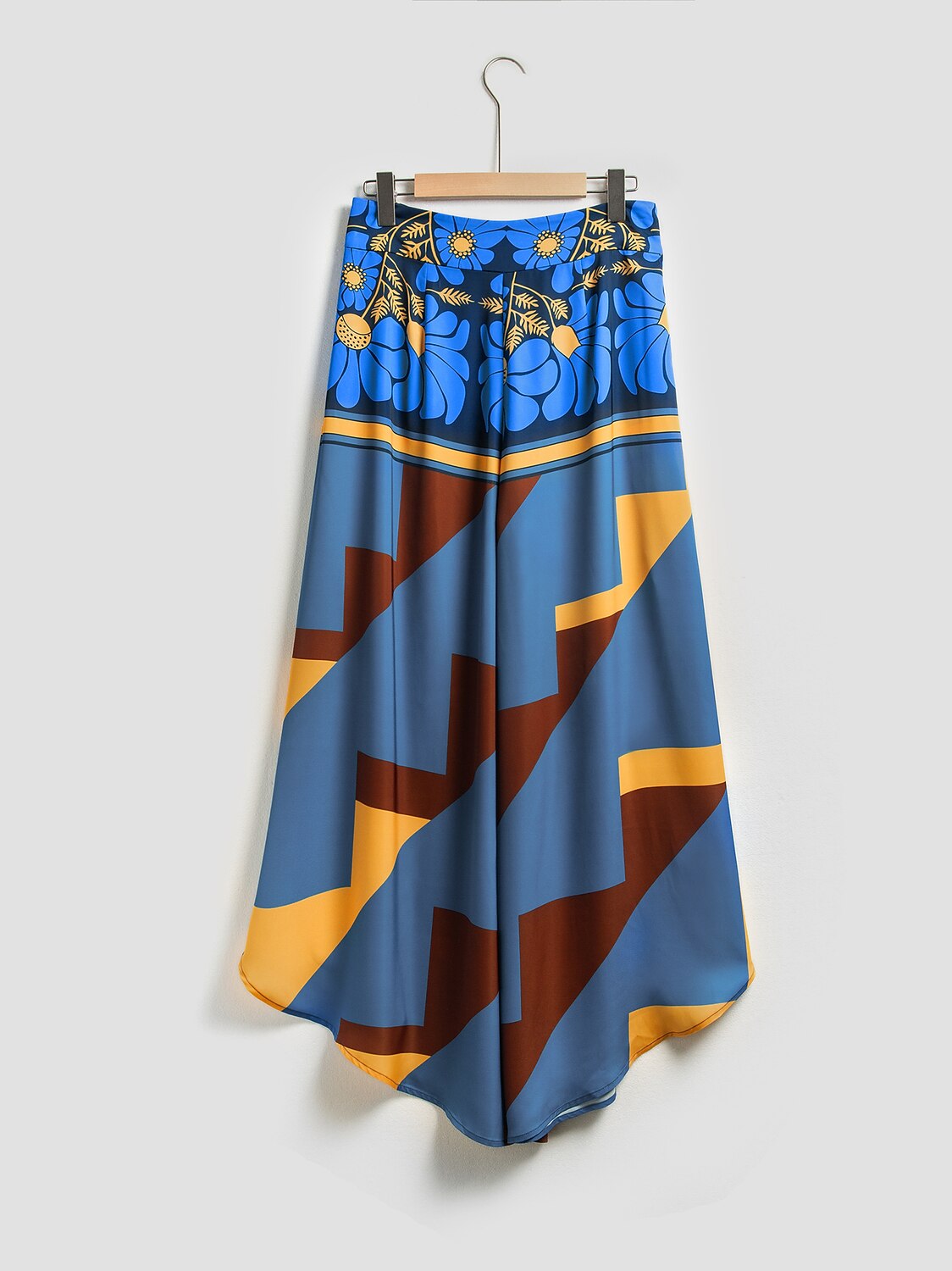 Hawaii Palm Satin Wrap Wide-Leg Pants in Blue by Aurelia Sun