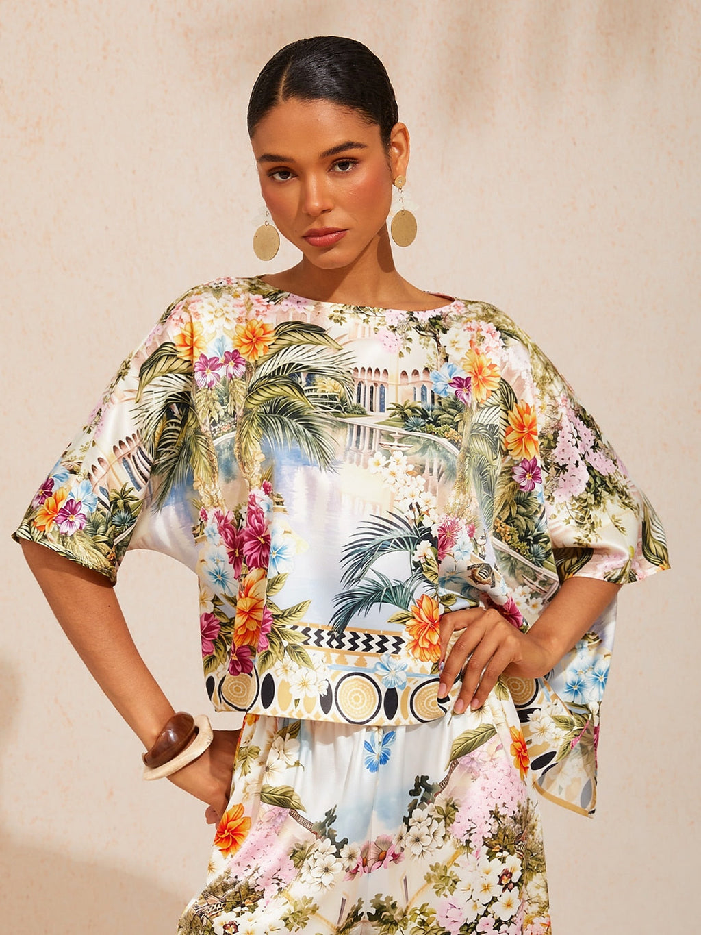 Bell Flower Satin Batwing Top in Dark Blue by Aurelia Sun