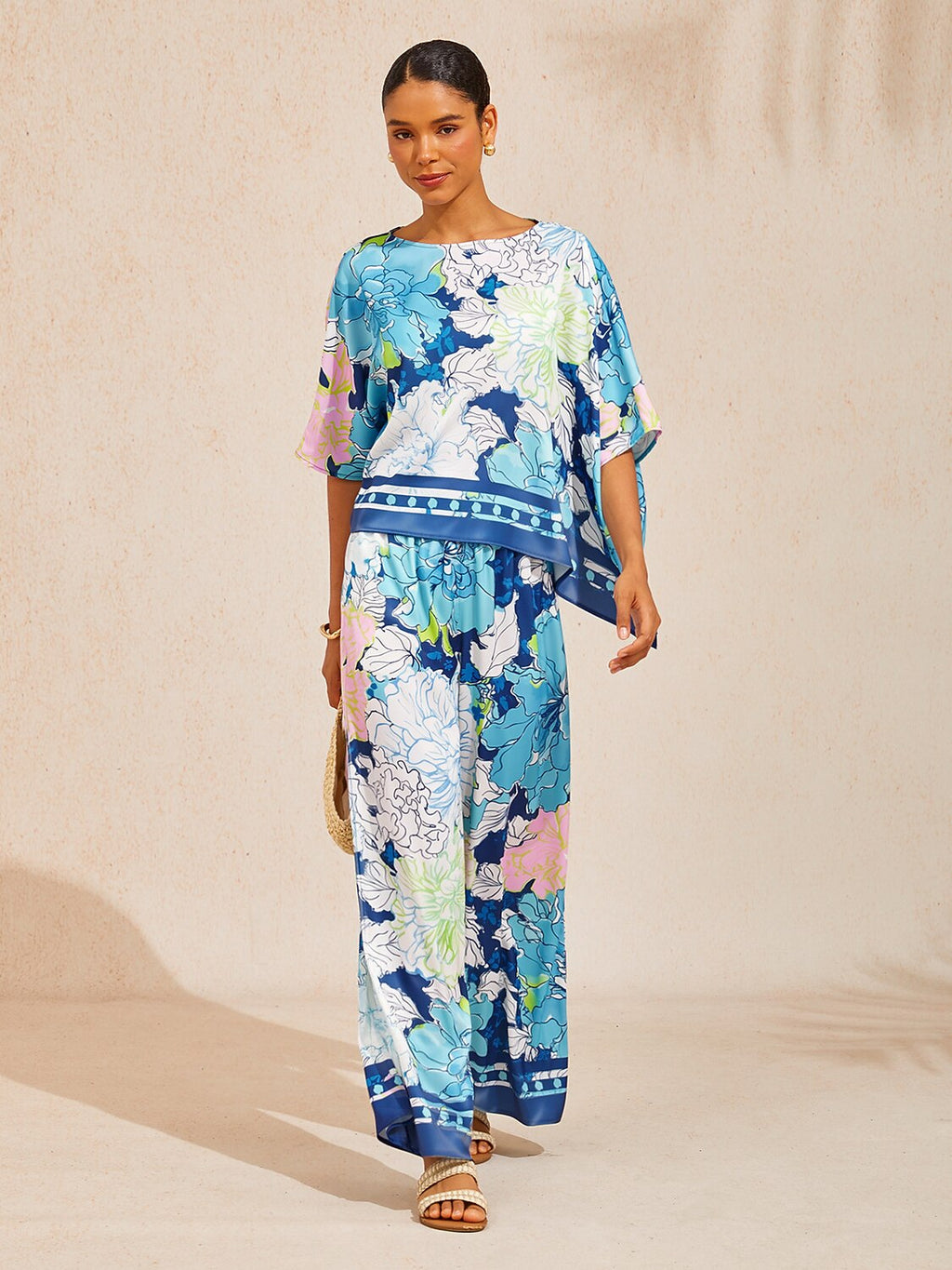 Bell Flower Satin Wide-Leg Pants in Sky Blue by Aurelia Sun