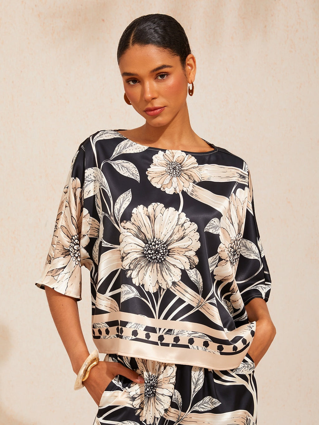 Bell Flower Satin Batwing Top in Pastel Pink by Aurelia Sun