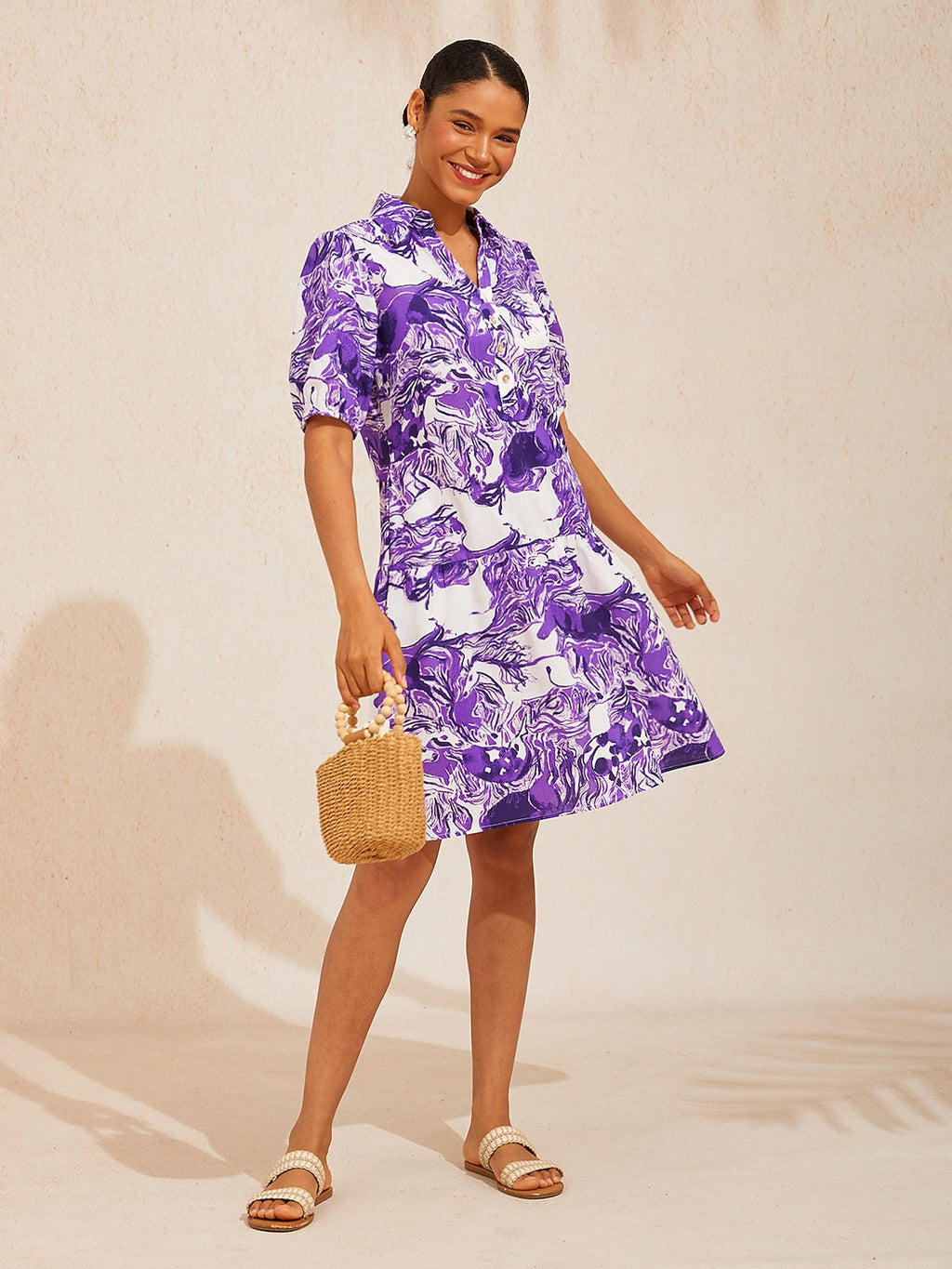 Mustang Print Linen-Look Midi Shirt Dress in Orchid Purple by Aurelia Sun