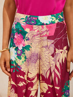 Hawaii Palm Satin Wrap Wide-Leg Pants in Black Pink by Aurelia Sun