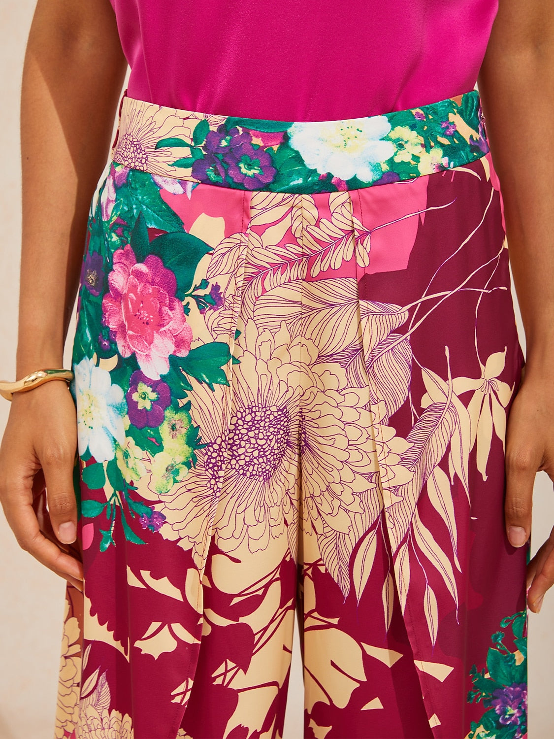 Hawaii Palm Satin Wrap Wide-Leg Pants in Black Pink by Aurelia Sun
