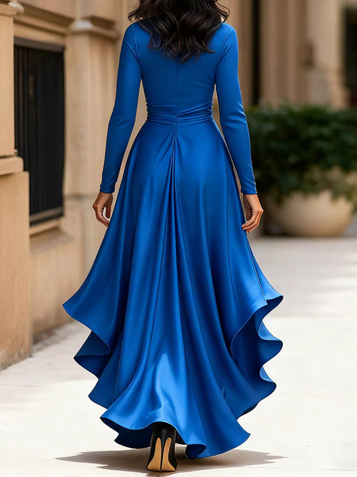 Women's Wrap Midi Dress with Ruffle Hem – Blue