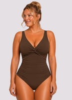 Ruched Twist-Front One-Piece Swimsuit – Brown