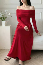 Women's Off-Shoulder Ruched Maxi Dress – Red