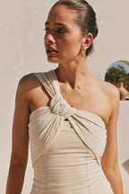 One-Shoulder Cotton Mini Dress — Beige