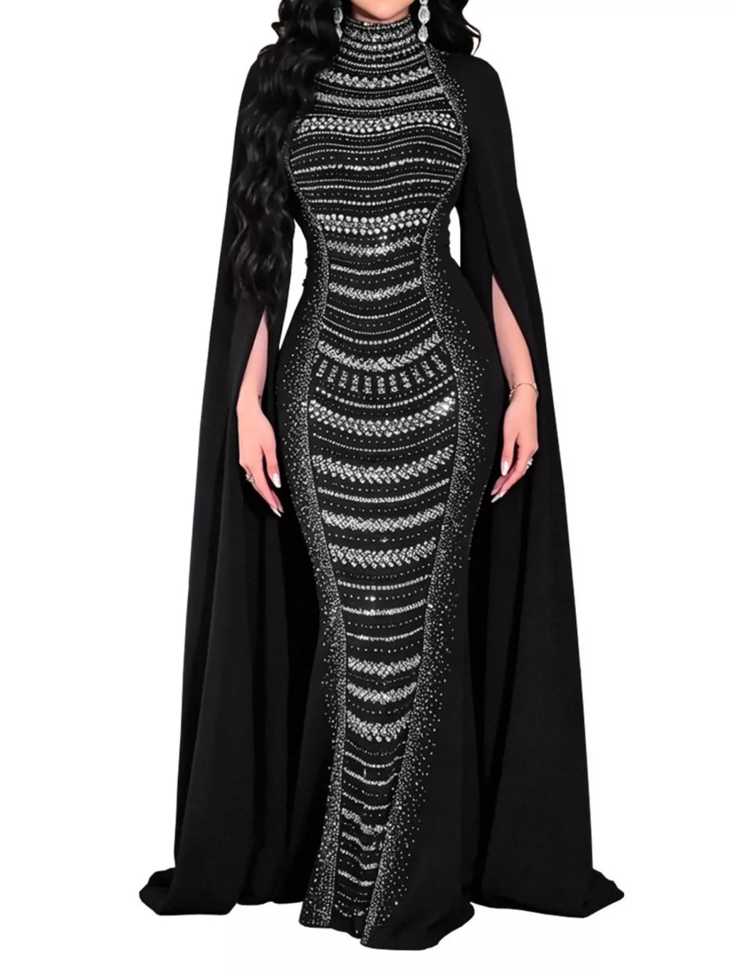 Women's Rhinestone Cape Maxi Dress – Black