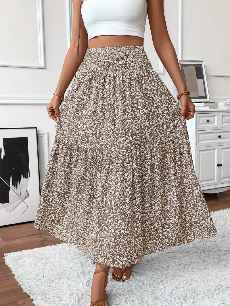 Elena Ditsy Floral Midi Skirt – Beige/Multi