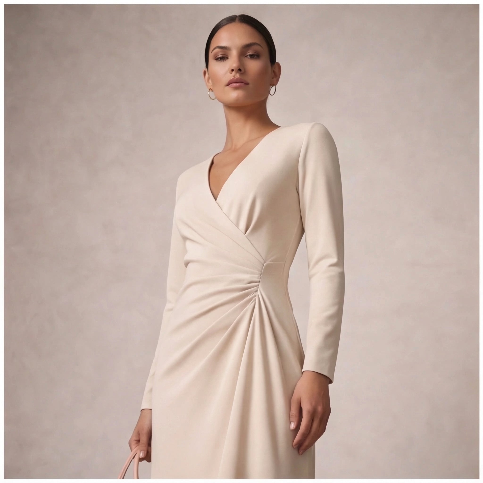 Women's Long-Sleeve Wrap Midi Dress – Beige