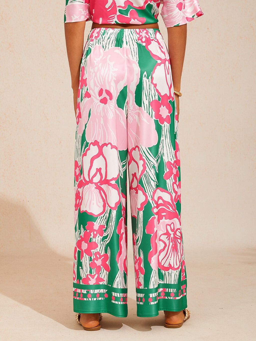 Golden Petal Satin Wide-Leg Pants in Hot Pink by Aurelia Sun