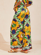 Hibiscus Satin Wide-Leg Pants in Light Green by Aurelia Sun