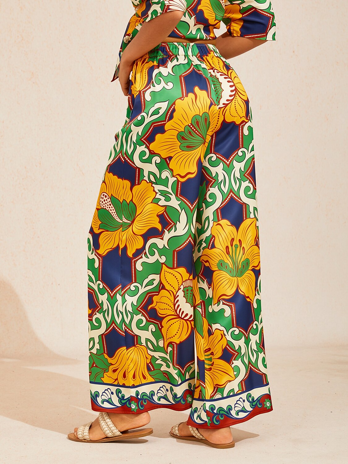 Hibiscus Satin Wide-Leg Pants in Light Green by Aurelia Sun