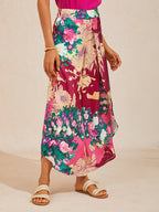 Hawaii Palm Satin Wrap Wide-Leg Pants in Black Pink by Aurelia Sun