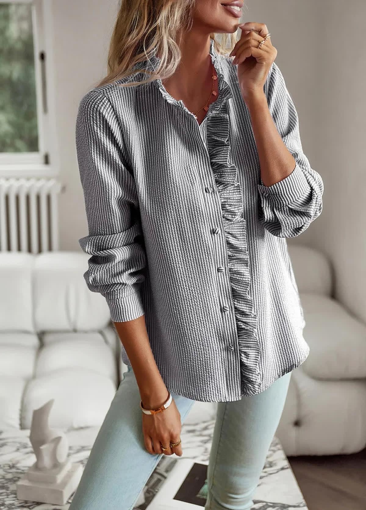 Cotton Ruffle Button-Up Blouse