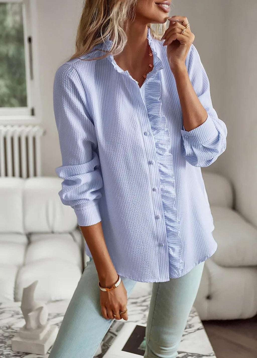 Cotton Ruffle Button-Up Blouse