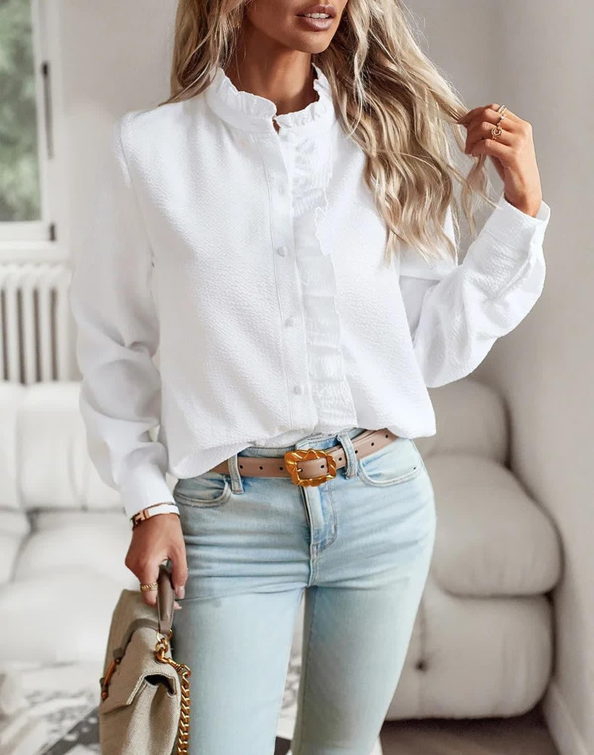 Cotton Ruffle Button-Up Blouse