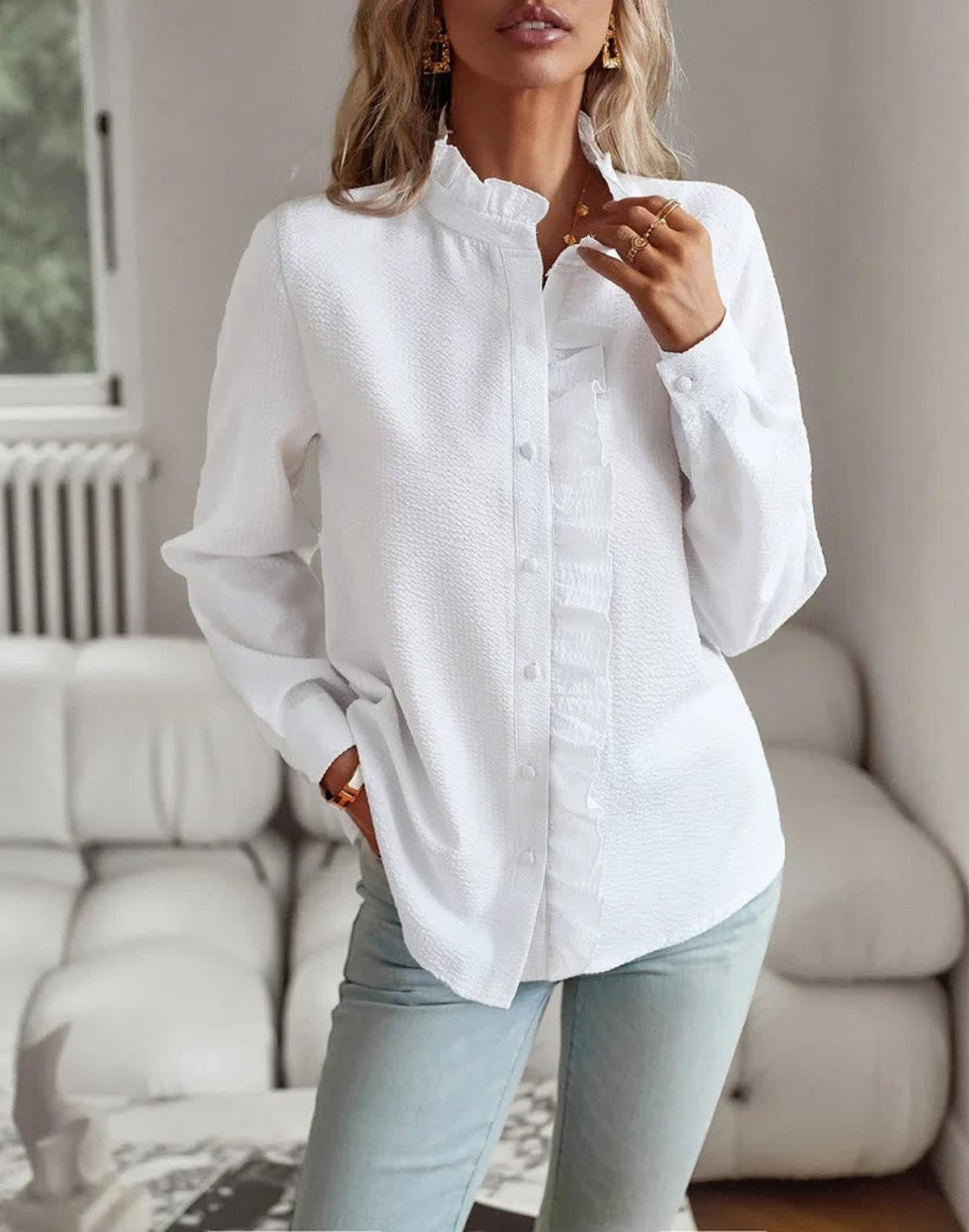 Cotton Ruffle Button-Up Blouse