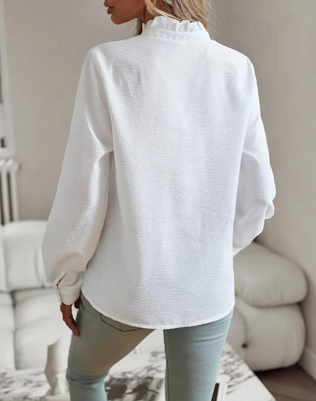 Cotton Ruffle Button-Up Blouse