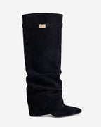 Black Fold-Over Hidden-Heel Knee Boots