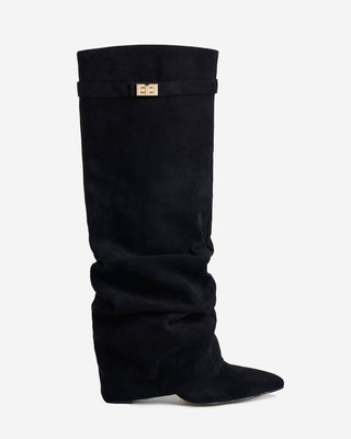 Black Fold-Over Hidden-Heel Knee Boots