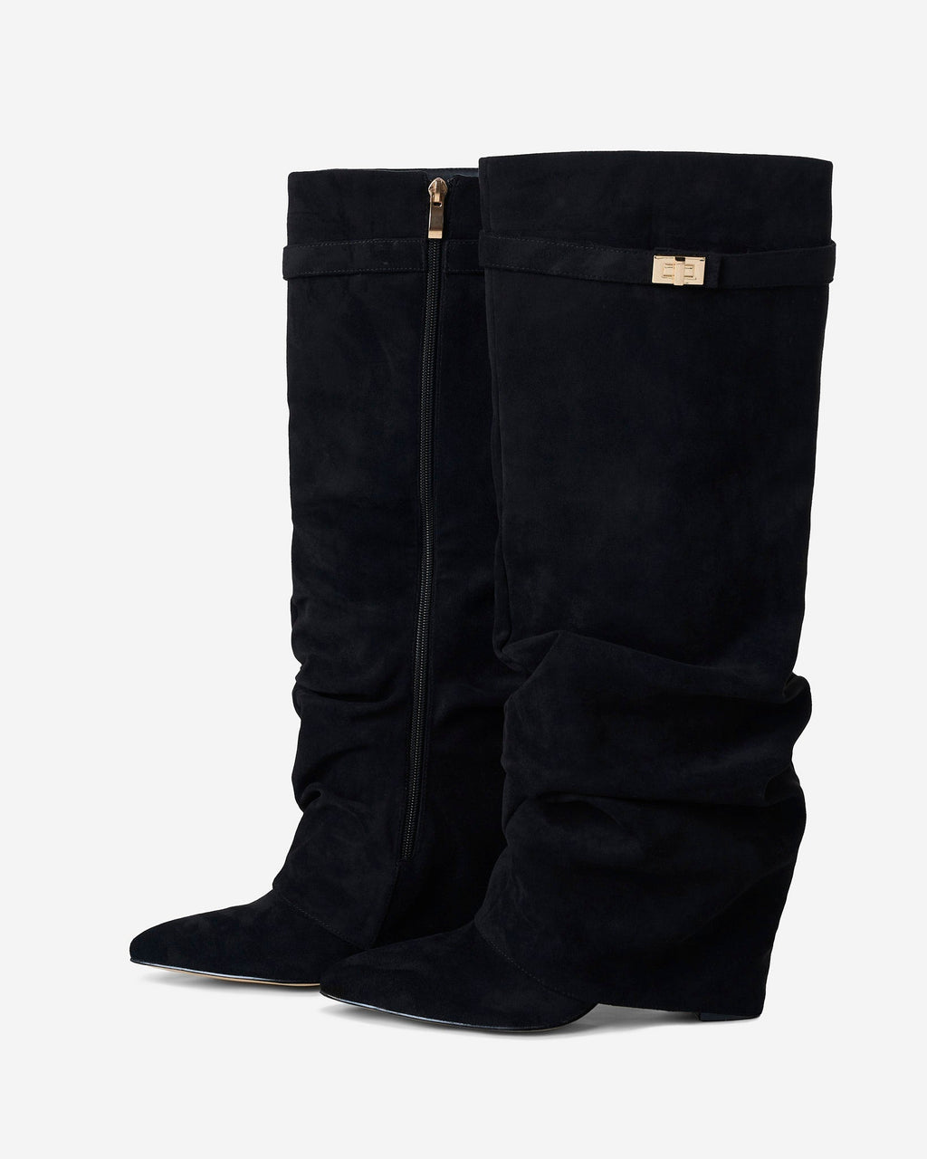 Black Fold-Over Hidden-Heel Knee Boots